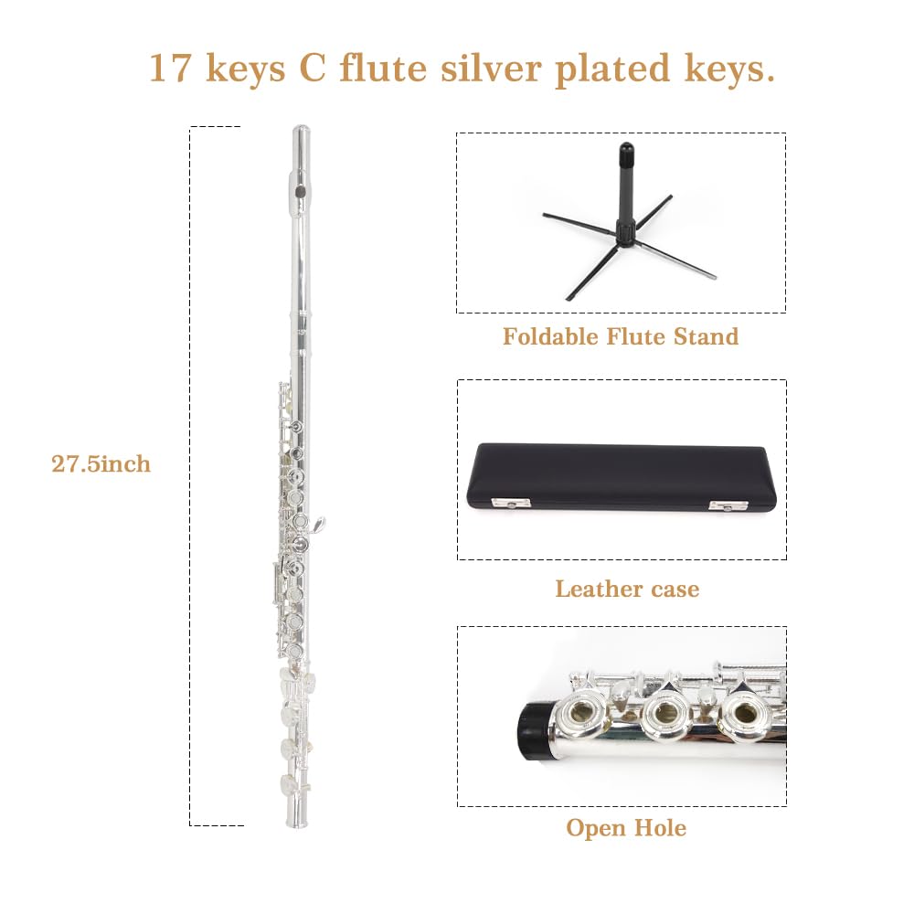 YANASON Open Hole C Flutes 17 Key Silver Beginner Student With Carrying Case Gloves Cleaning Rod Adjustment screws and Cloth (17